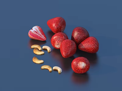 Fresh Ripe Strawberries With Sliced One And Cashew Nuts On Dark Surface 3d model
