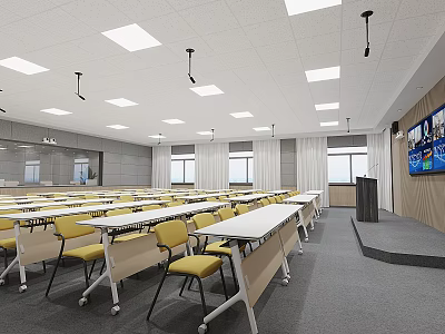 School Modern Classroom Equipped With Yellow Chairs White Tables Podium Screen And Lights 3d model