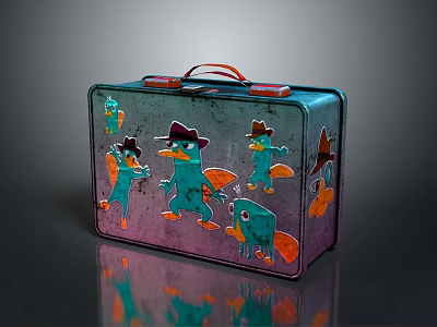 Metallic Tin Suitcase with Red Handle Featuring Cartoon Blue Duck Cowboy Hat and Animal Designs 3d model