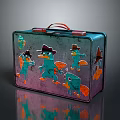 Metallic Tin Suitcase with Red Handle Featuring Cartoon Blue Duck Cowboy Hat and Animal Designs