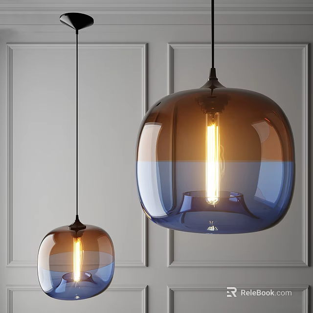 Modern Glass Pendant Lights in Brown and Blue Lit Against Gray Wall with Warm Glow 3d model 