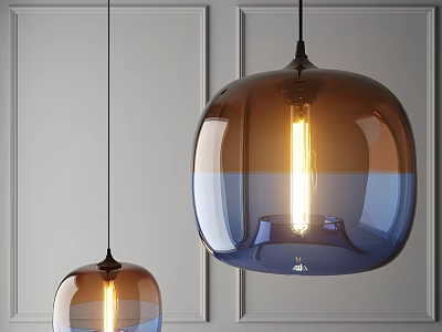 Modern Glass Pendant Lights in Brown and Blue Lit Against Gray Wall with Warm Glow 3d model