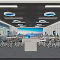 Modern Smart Conference Room With Computers Tables Large Screen And City View Ceiling Lights