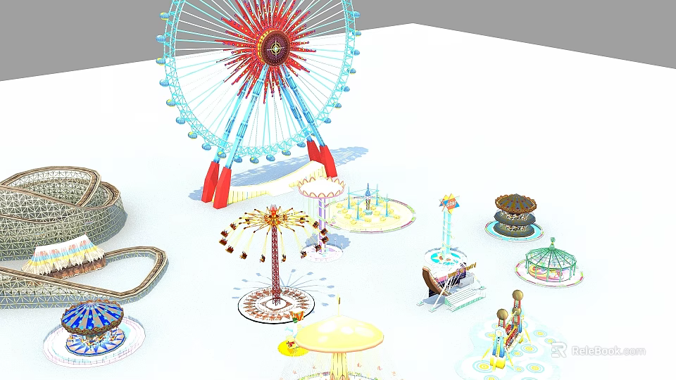 Amusement Park Scene Featuring Ferris Wheel Carousel Roller Coaster And Rides 3d model 