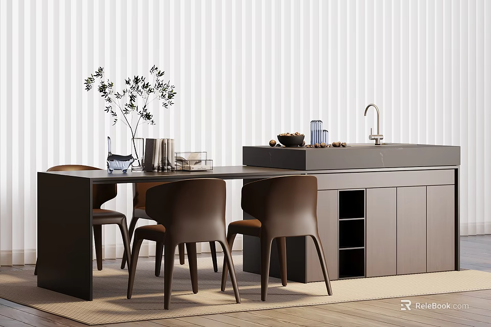 Modern Kitchen Interior With Wooden Island Sink Brown Chairs White Striped Wall And Wooden Floor 3d model 