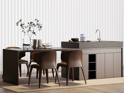 Modern Kitchen Interior With Wooden Island Sink Brown Chairs White Striped Wall And Wooden Floor 3d model