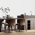 Modern Kitchen Interior With Wooden Island Sink Brown Chairs White Striped Wall And Wooden Floor