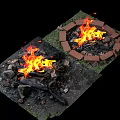 Two Outdoor Fire Pits Circular Brick Square Stone With Burning Flames Wood Logs Ashes