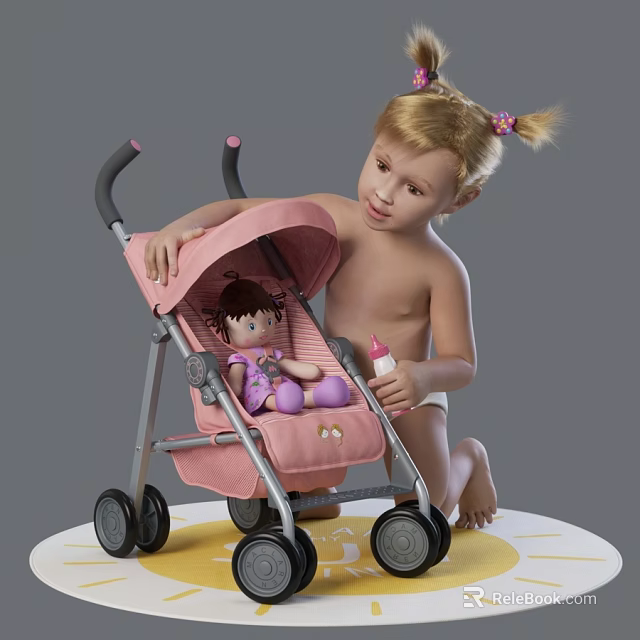 Adorable Kids Bed with Pink Stroller Doll and Feeding Bottle for Toddler Room 3d model 