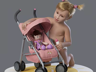 Adorable Kids Bed with Pink Stroller Doll and Feeding Bottle for Toddler Room 3d model
