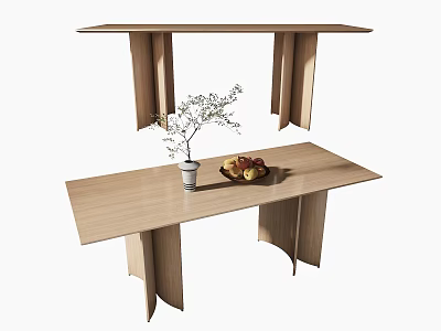 Natural Wooden Dining Table In Modern Minimalist Design With Small Vase And Fruit Plate 3d model
