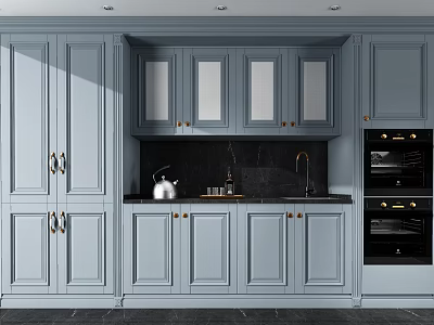 Modern Light Blue Kitchen Cabinets with Upper Lower Design Black Countertop and Gold Handles 3d model