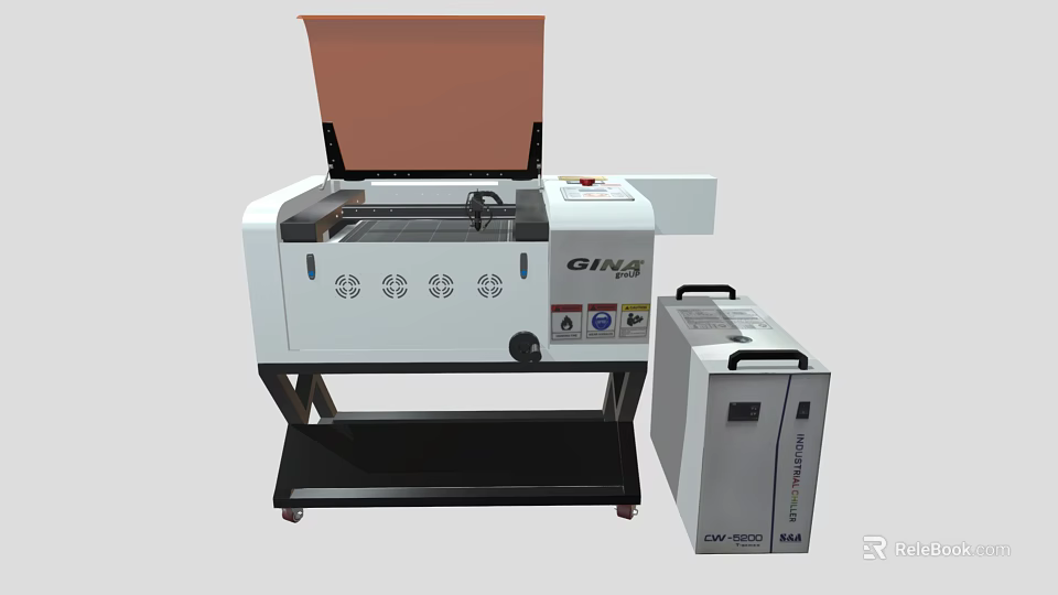 Industrial CO2 Laser Cutting Machine GJ145 Model With Open Lid Control Panel And Mobile Wheels 3d model 