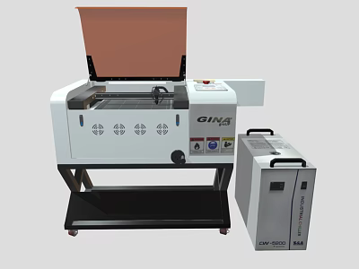 Industrial CO2 Laser Cutting Machine GJ145 Model With Open Lid Control Panel And Mobile Wheels 3d model