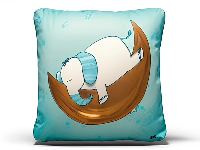 Bed Decorative Pillow With Light Blue Background And Cartoon Baby Elephant On Brown Crescent Moon 3d model