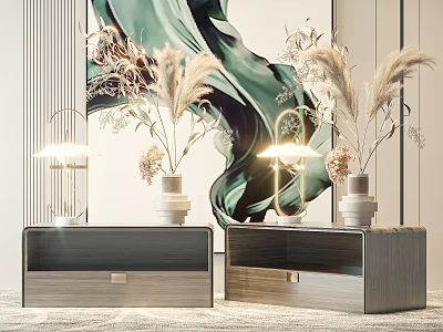 Modern Wooden Nightstand Design With Pampas Grass Vase And Glass Table Lamp 3d model