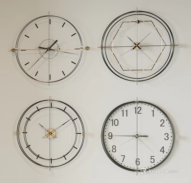 Four Stylish Wall Clock Decorations With Unique Designs 3d model 