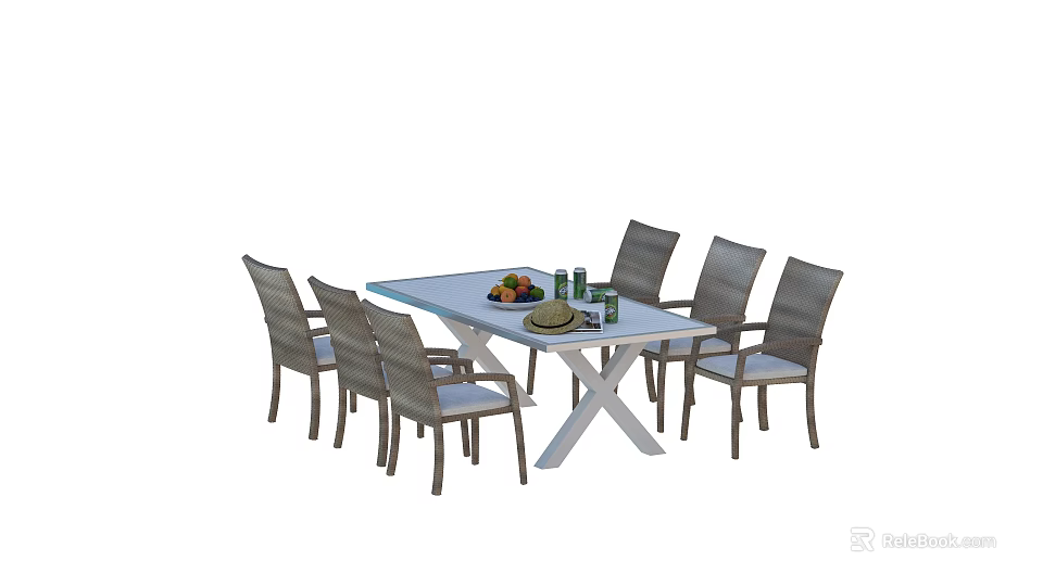 Outdoor Table With White Tabletop X Legs Six Gray Woven Chairs Holding Fruits And Drinks 3d model 