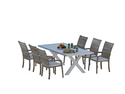 Outdoor Table With White Tabletop X Legs Six Gray Woven Chairs Holding Fruits And Drinks 3d model