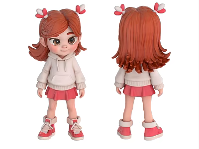 Cute Girl With Red Brown Hair Pink Bows White Hoodie Pink Skirt And Red Sneakers 3d model