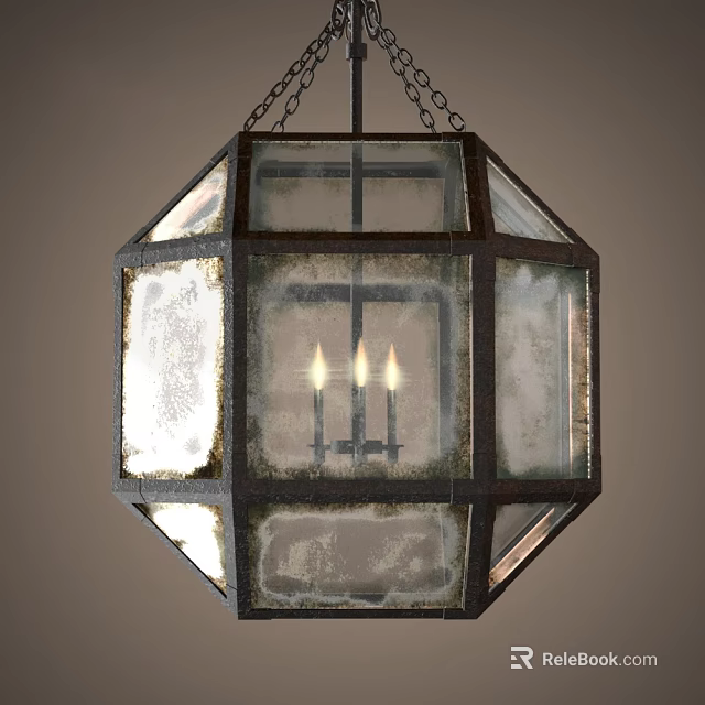Vintage Hexagonal Chandelier With Frosted Glass Panels And Candle Bulbs Metal Frame 3d model 