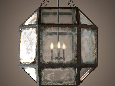 Vintage Hexagonal Chandelier With Frosted Glass Panels And Candle Bulbs Metal Frame 3d model