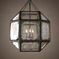 Vintage Hexagonal Chandelier With Frosted Glass Panels And Candle Bulbs Metal Frame
