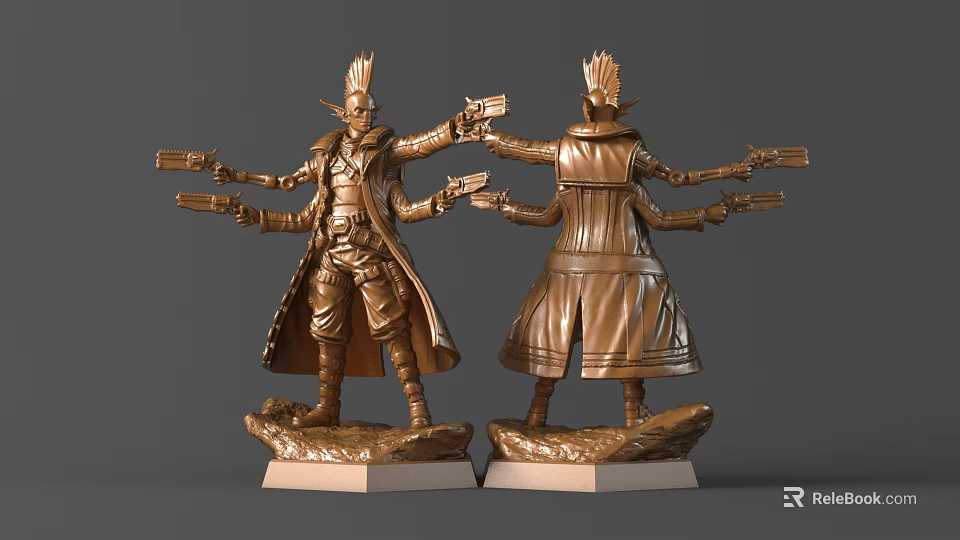 Bronze Sculpture Figure With Multiple Arms Holding Guns And Detailed Base Design 3d model 