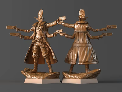 Bronze Sculpture Figure With Multiple Arms Holding Guns And Detailed Base Design 3d model