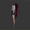 Fantasy Woman With Red Demon Wings Horns Long White Hair And Blue Combat Outfit