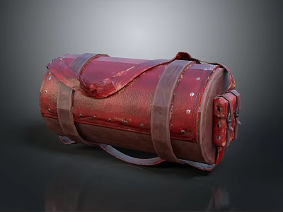 Red Distressed Leather Duffle Bag With Brown Straps And Metal Rivets 3d model
