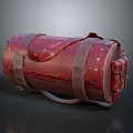 Red Distressed Leather Duffle Bag With Brown Straps And Metal Rivets