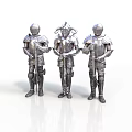 Three Detailed Silver Knight Figures Standing in Full Armor on White Background