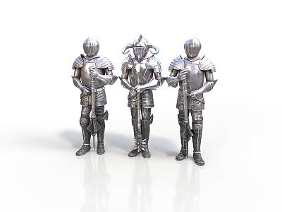 Three Detailed Silver Knight Figures Standing in Full Armor on White Background 3d model