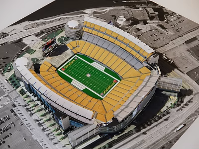 American Football Stadium Aerial View With Yellow Seats Green Turf And White Roof 3d model