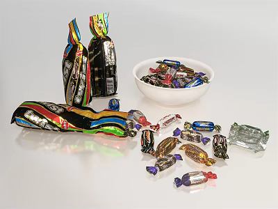 Colorful Packaged Candy With Scattered Pieces In White Bowl And Wrappers 3d model