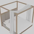 Four poster Double Bed With Wooden Frame Grey Padded Headboard And White Drapes
