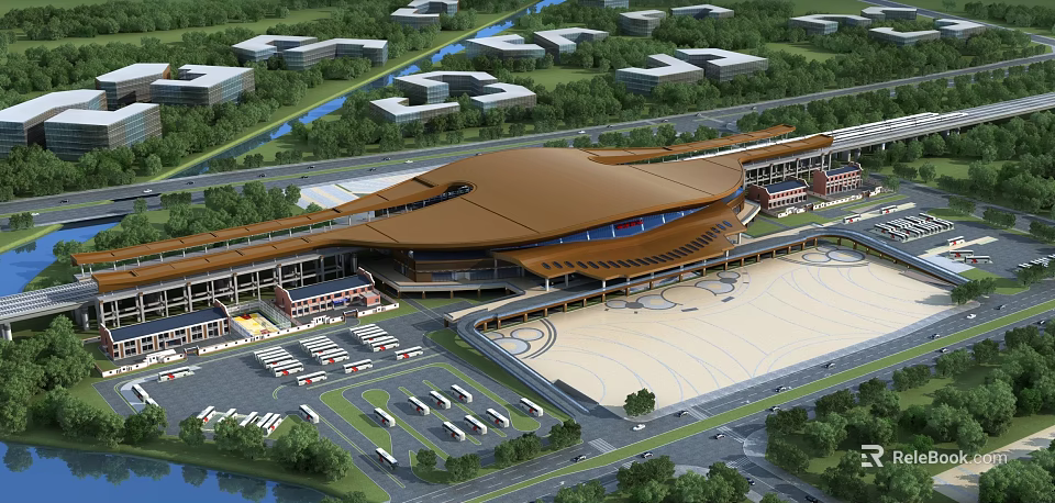 Aerial View Planning of Modern Building Complex With Curved Brown Roof Parking Lot And Greenery 3d model 