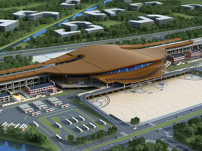 Aerial View Planning of Modern Building Complex With Curved Brown Roof Parking Lot And Greenery 3d model