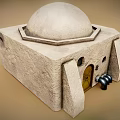 Whimsical Cartoon Stone Building Scene With Dome Square Structure Bench Door And Windows