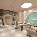 Elegant Beauty Hair Salon Interior With Reception Counter Round Mirror Sofa And Product Shelves