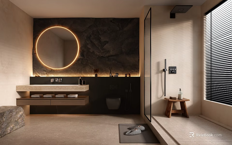 Modern Bathroom Interior With Round Mirror Marble Wall Black Vanity Shower Area And Wooden Stool 3d model 