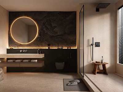 Modern Bathroom Interior With Round Mirror Marble Wall Black Vanity Shower Area And Wooden Stool 3d model