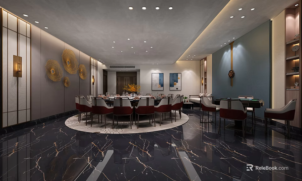 Luxurious Private Room Interior With Round Dining Table Marble Floor And Circular Wall Decorations 3d model