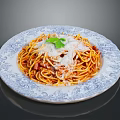 Delicious Spaghetti With Tomato Sauce Ground Meat Cheese And Parsley On Blue White Patterned Plate