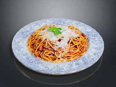 Delicious Spaghetti With Tomato Sauce Ground Meat Cheese And Parsley On Blue White Patterned Plate 3d model