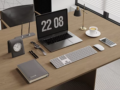 Modern Wooden Desk Setup With Laptop Lamp Coffee Cup Phone Keyboard And Office Supplies 3d model
