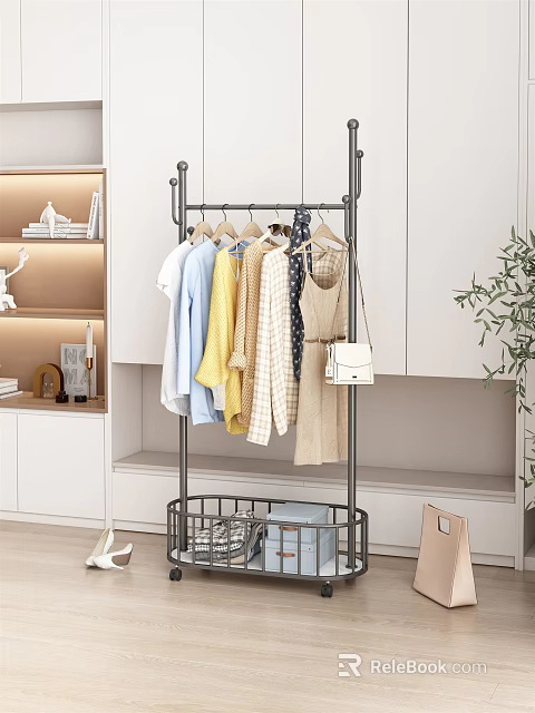 Modern Clothes Rack With Hanging Clothes Bags And Storage Baskets In Home 3d model 