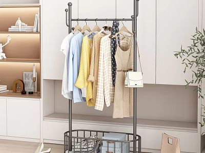 Modern Clothes Rack With Hanging Clothes Bags And Storage Baskets In Home 3d model