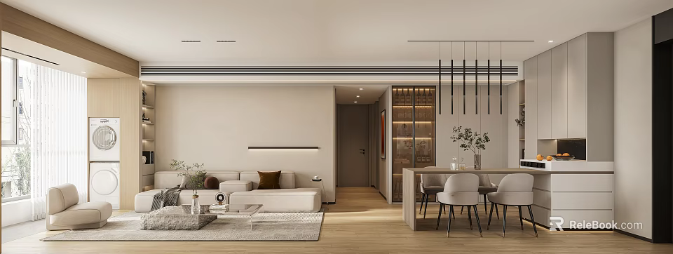 Modern Open Concept Living Dining Room Interior Design With Sofa Dining Table And Pendant Lights 3d model